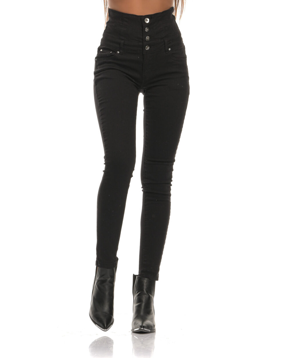 Black high-waisted elastic pants with buttons
