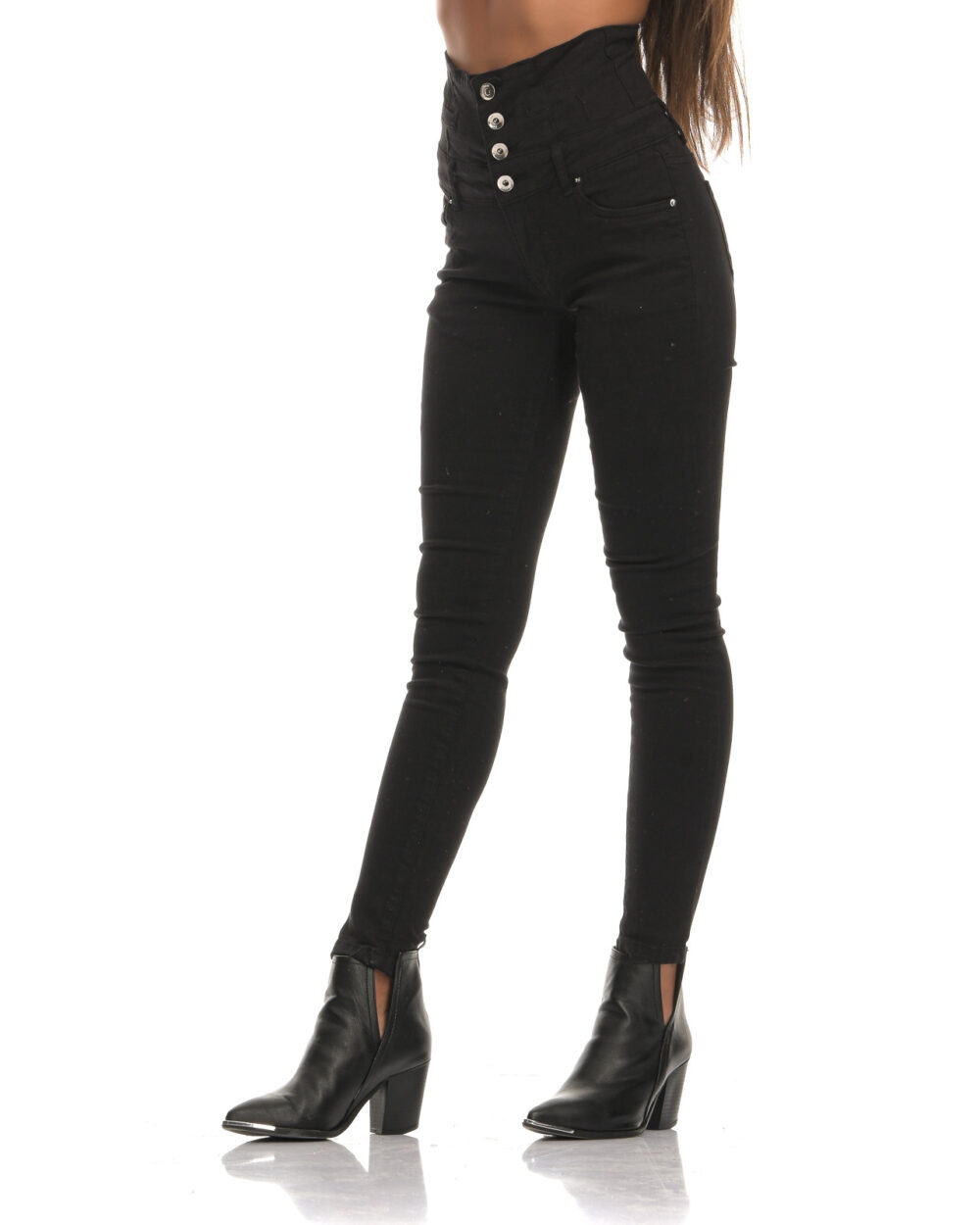 Black high-waisted elastic pants with buttons