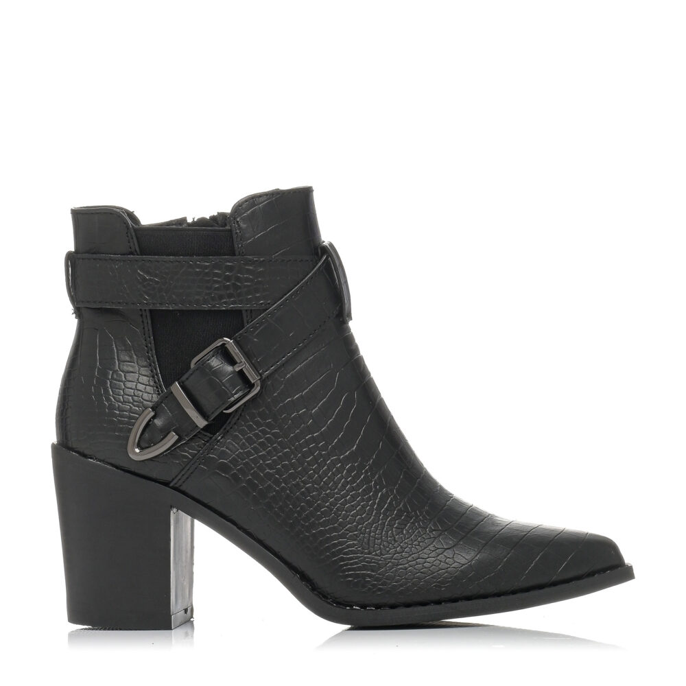 Boot with thick heel, crocus embossed and buckle black