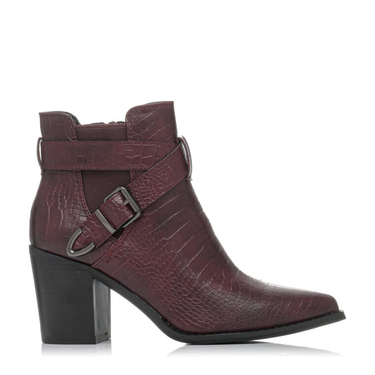Boot with thick heel, croc embossed and buckle burgundy