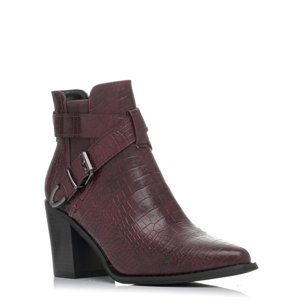 Boot with thick heel, croc embossed and buckle burgundy