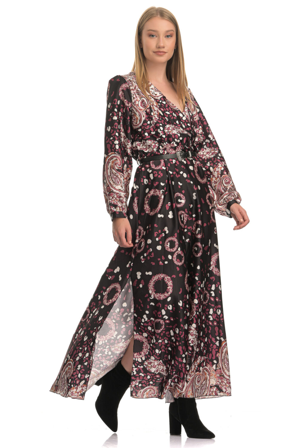 Black purple long dress with plaid pattern and belt