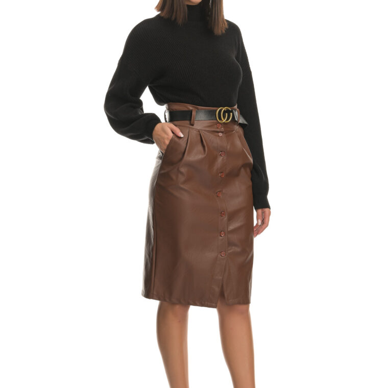 Brown leatherette skirt with buttons and belt