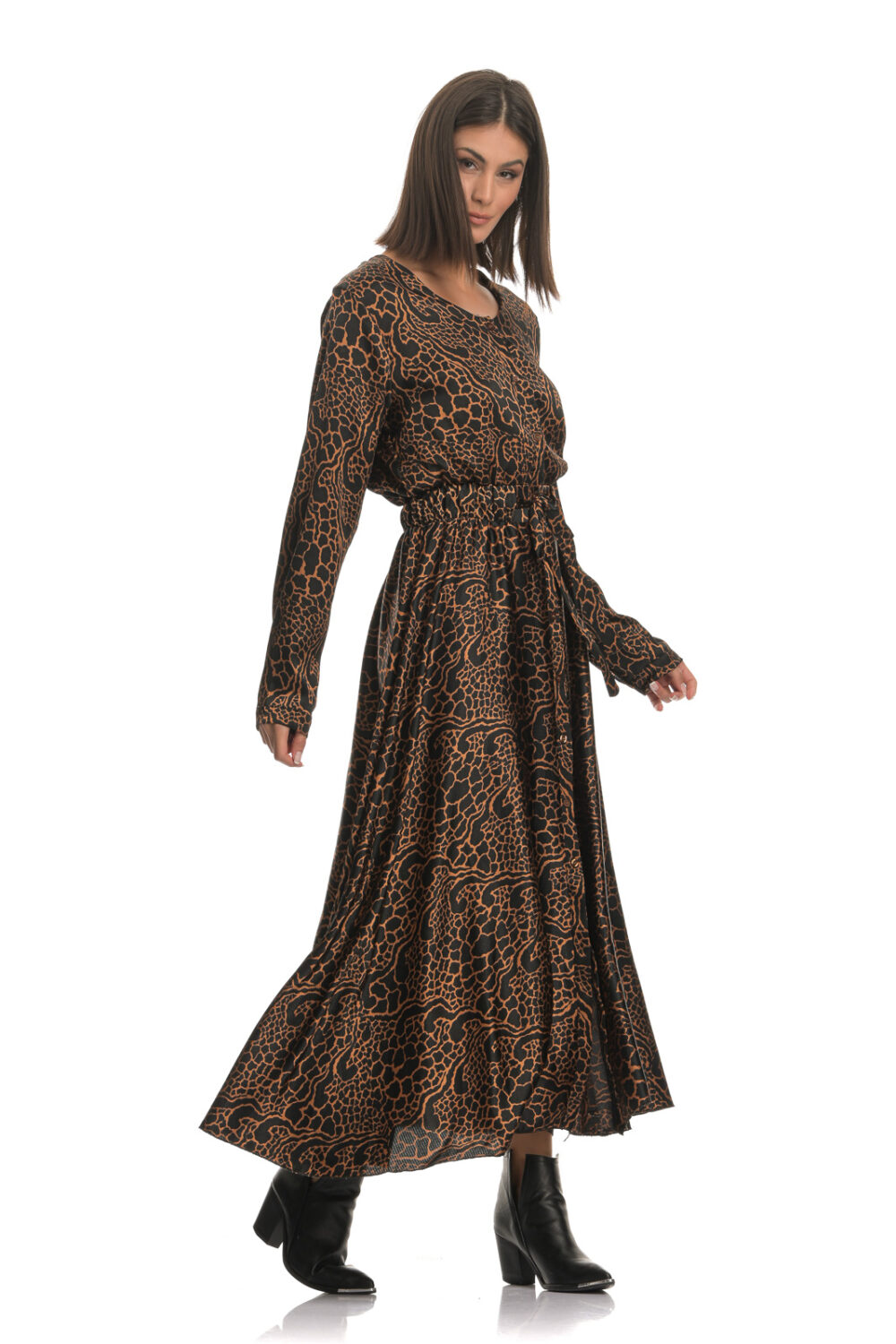 Brown black long dress with buttons and belt