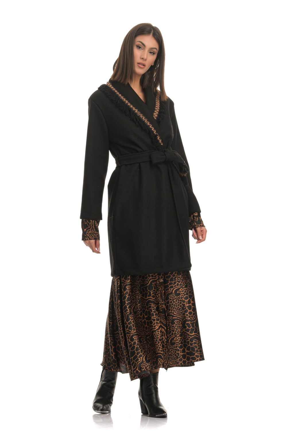 Black coat with belt and tassels at the end of the collar