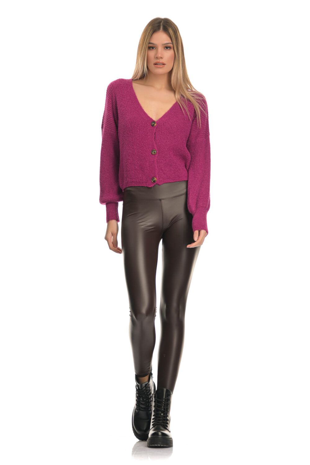 High-waisted brown leggings made of leatherette