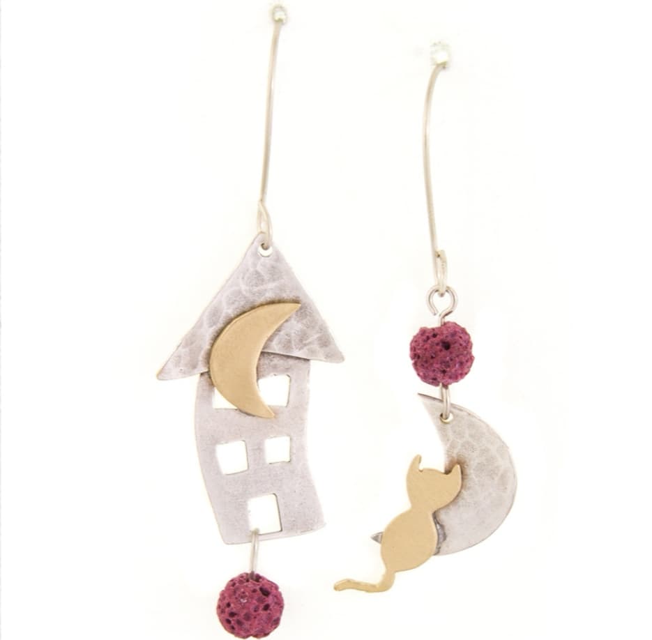 Earrings with kitten and crescent house design