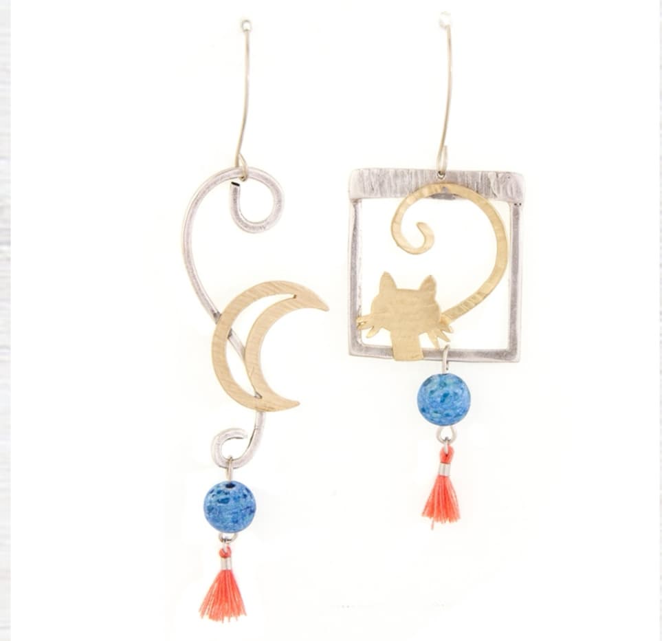 Kitten and crescent earrings with decorative stones and threads