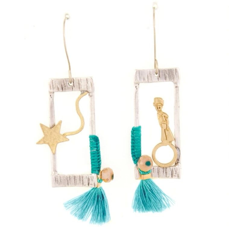 Earrings with little prince design, colored thread and tassel