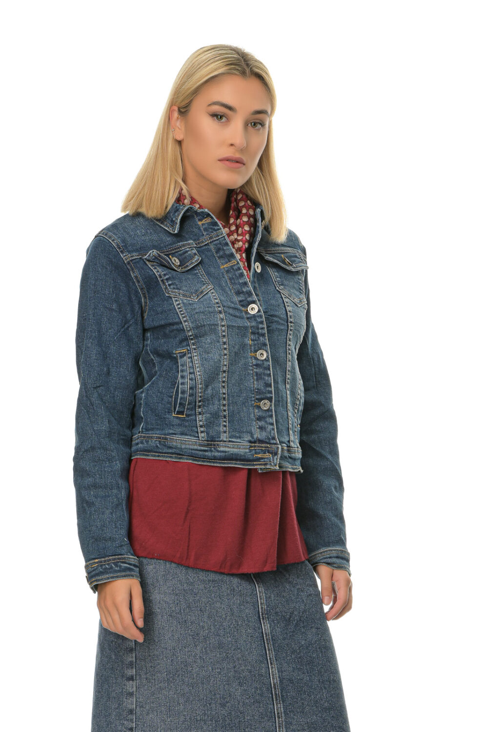 Blue denim short jacket with pockets and buttons
