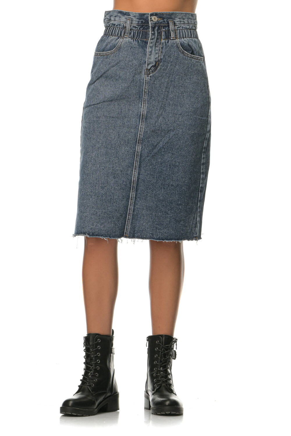 Blue denim high-waisted elastic midi skirt with pleats in the middle