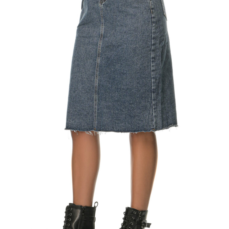 Blue denim high-waisted elastic midi skirt with pleats in the middle