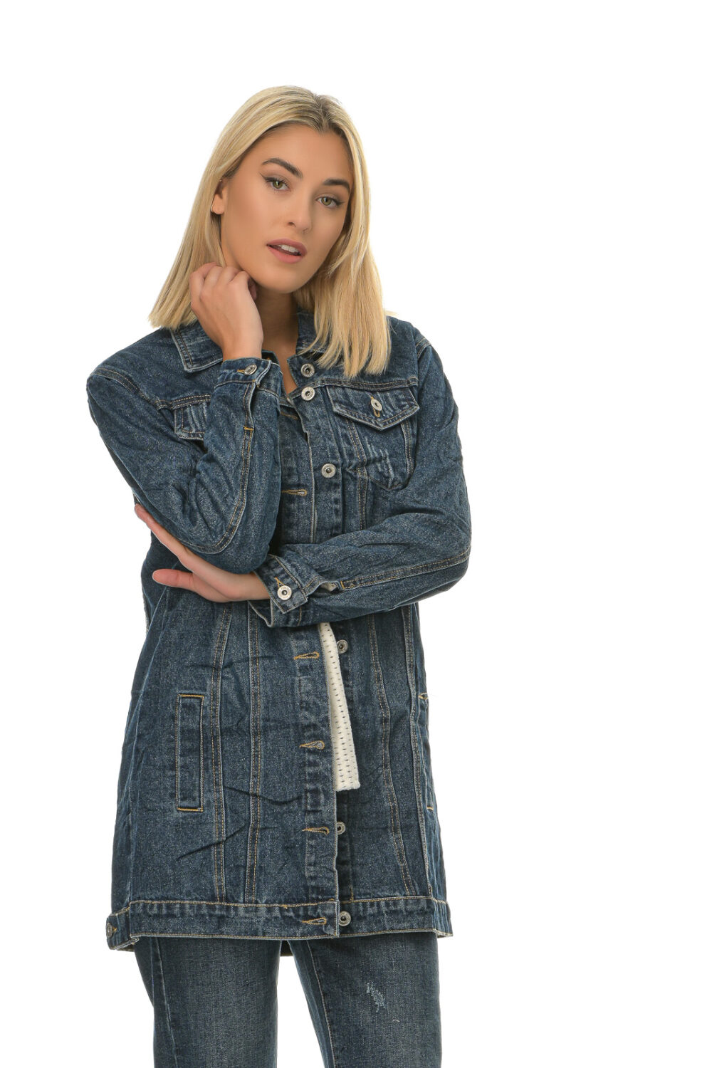 Blue denim long jacket with pockets and buttons