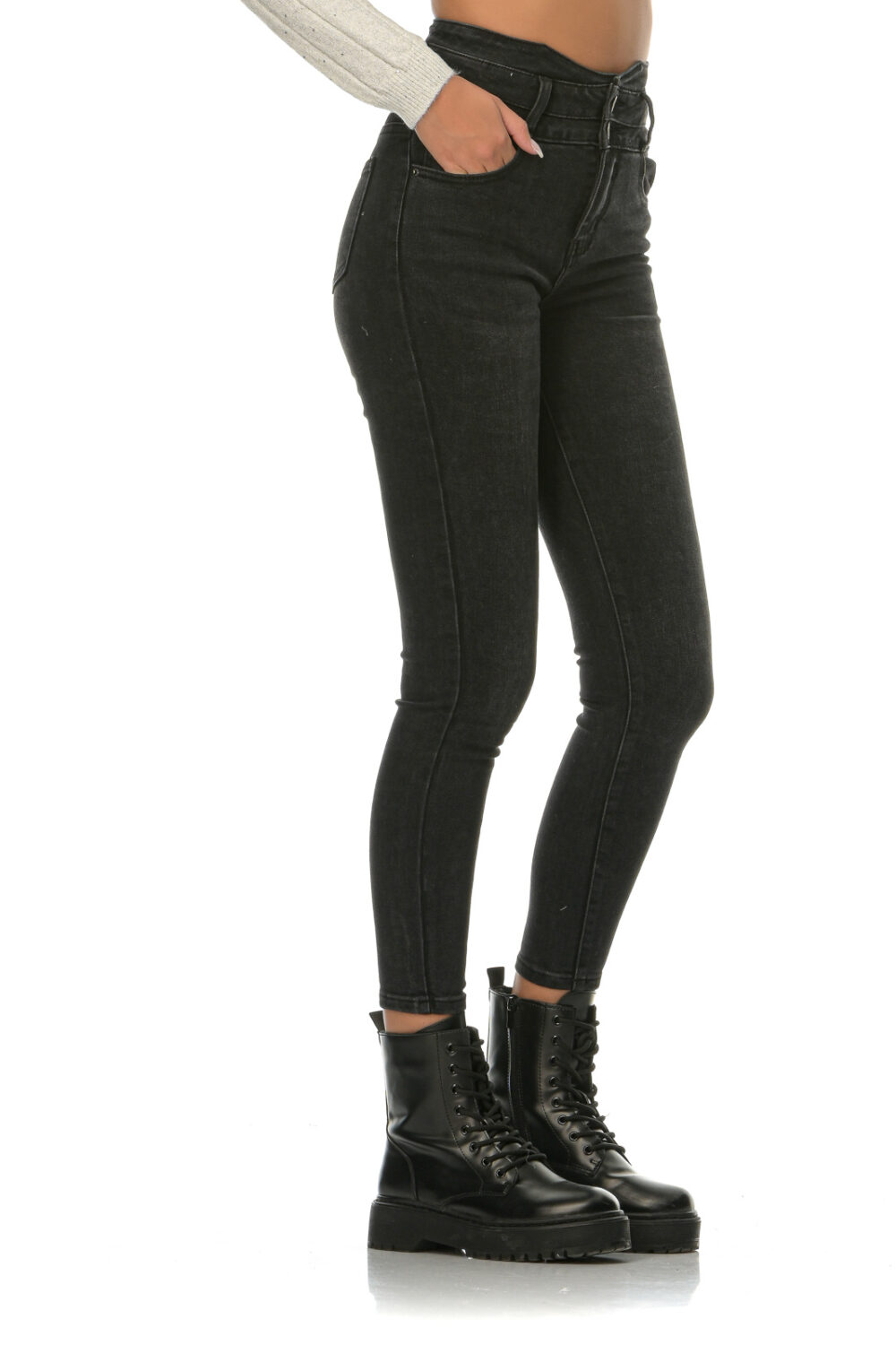 Black high-waisted jeans with buttons
