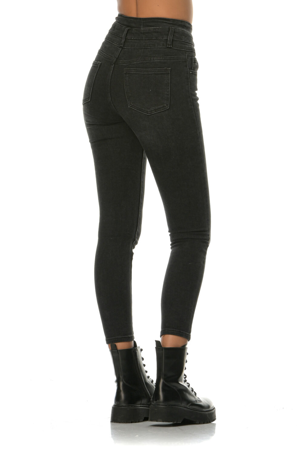 Black high-waisted jeans with buttons