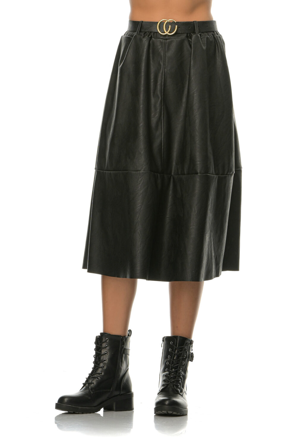 Leather midi skirt with belt black