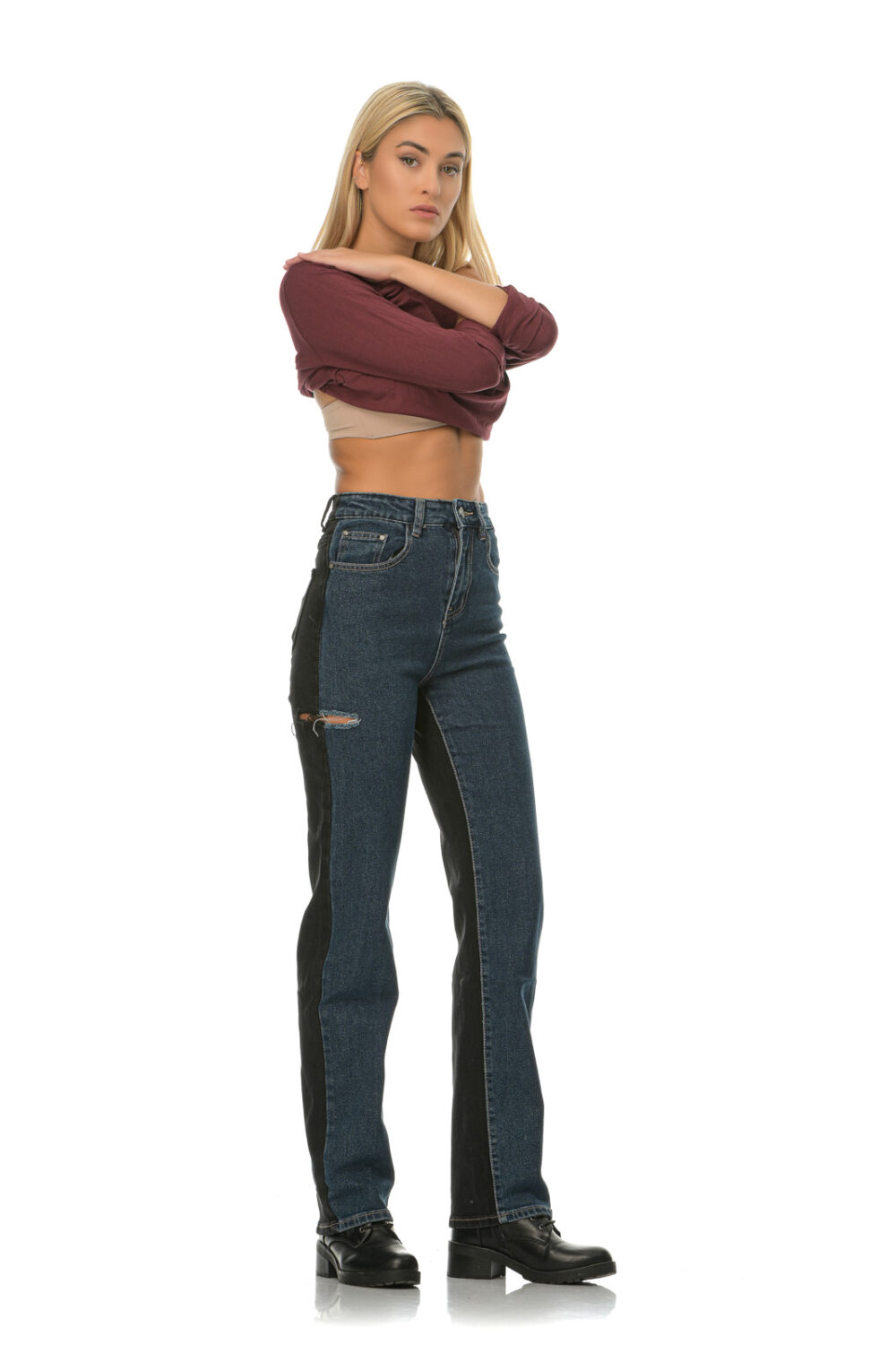 Double high waisted elastic jeans (blue front and black back)