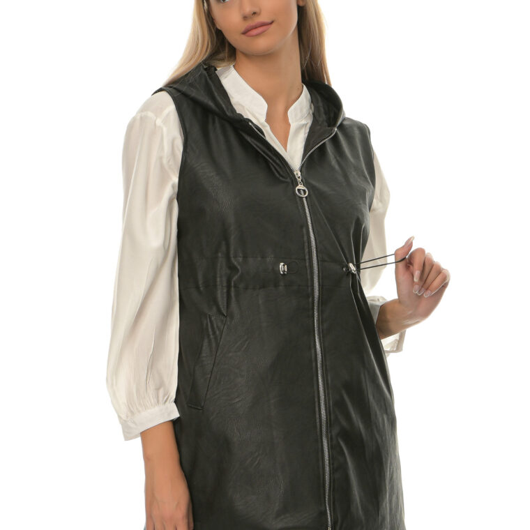 Black long sleeveless leather jacket with hood