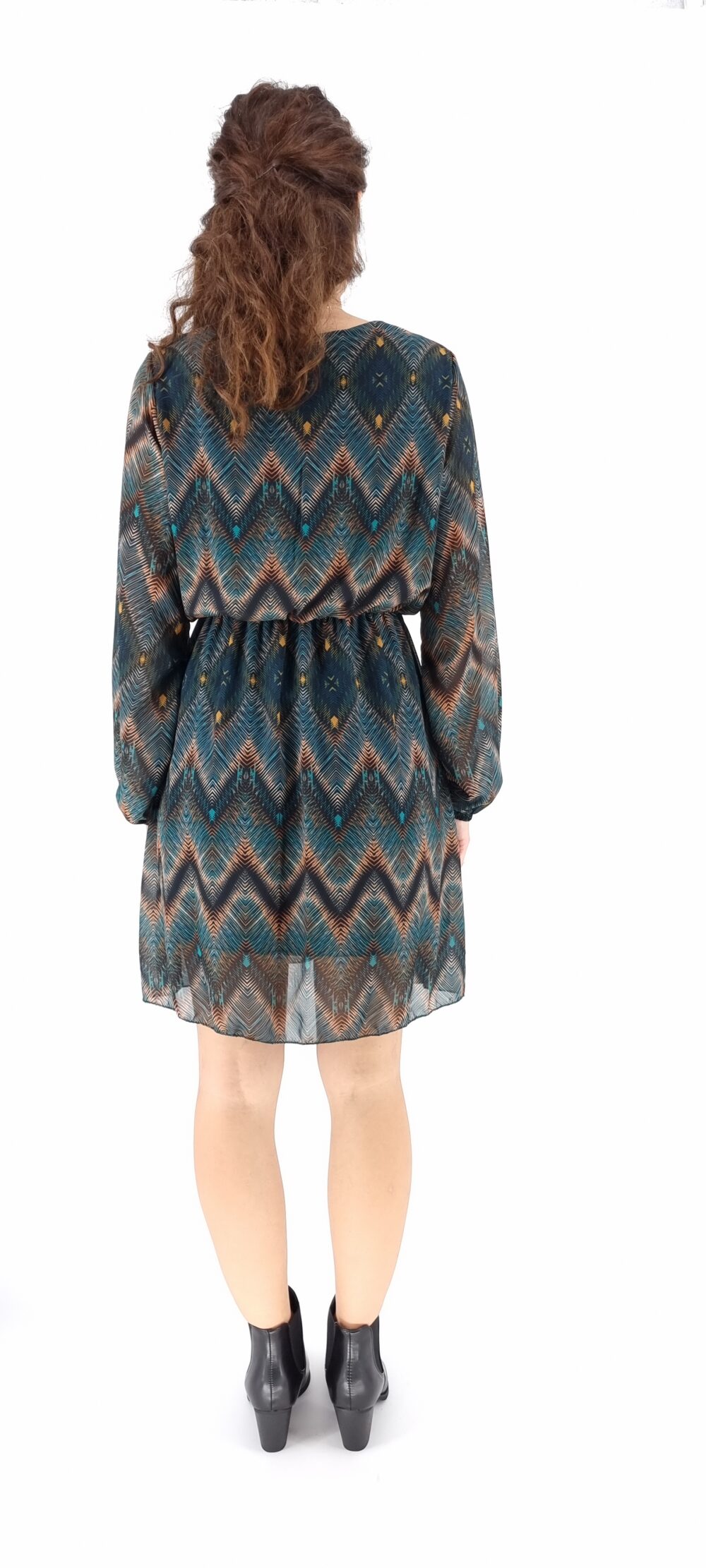 Φόρεμα κοντό κρουαζέ με πολύχρωμο μοτίβο σε μπλε αποχρώσεις