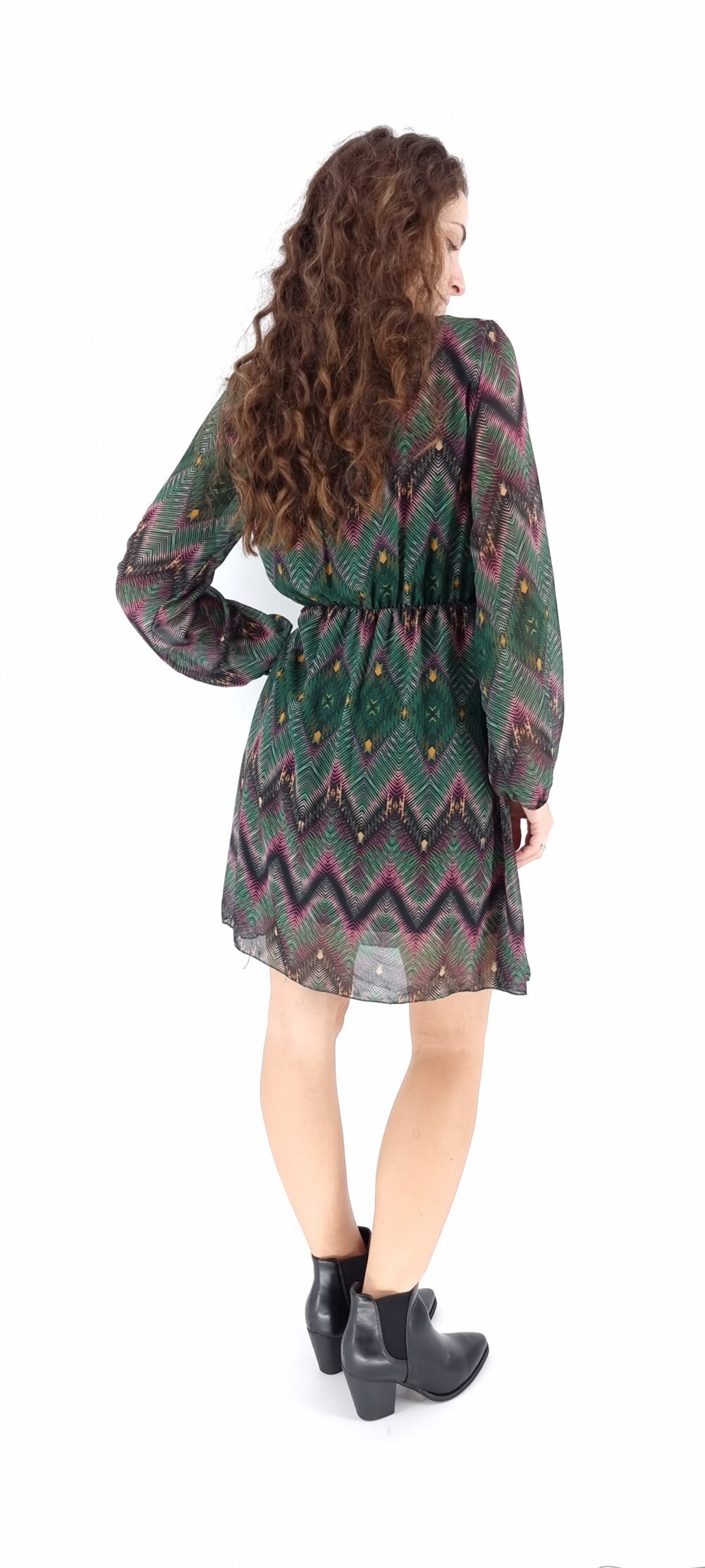 Φόρεμα κοντό κρουαζέ με πολύχρωμο μοτίβο σε πράσινες αποχρώσεις
