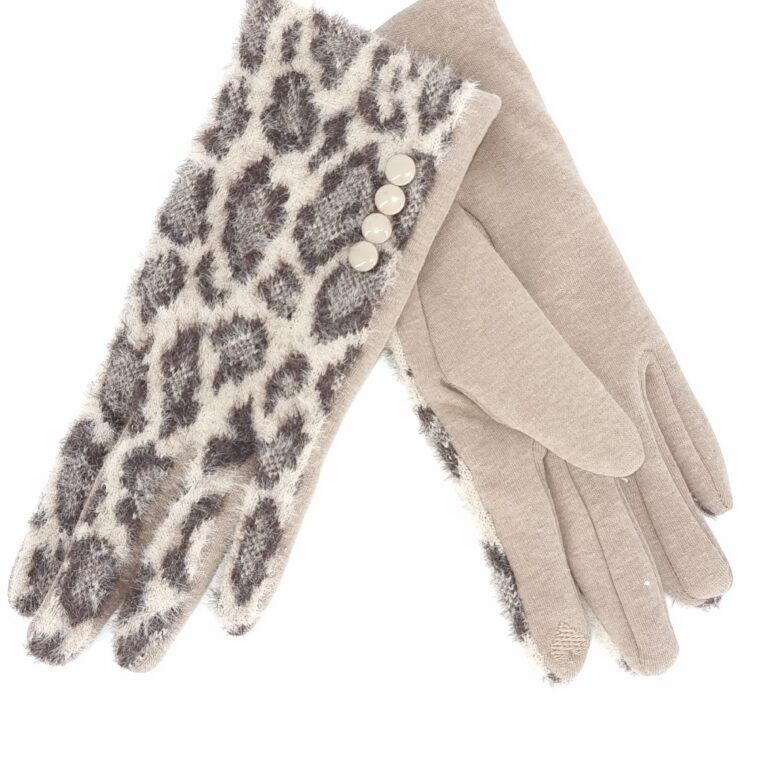 Gloves with animal print pattern beige black