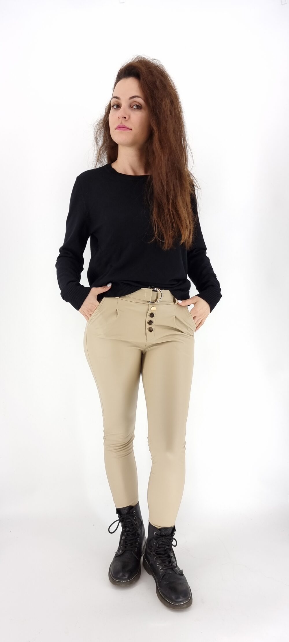 Leather leggings with gold decorative buttons and belt beige