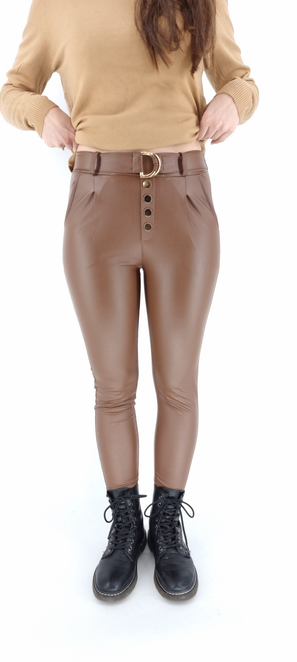 Leather leggings with gold decorative buttons and belt brown