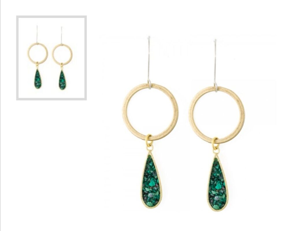 Handmade Dangle Round Earrings with Drops and Malachite Stone