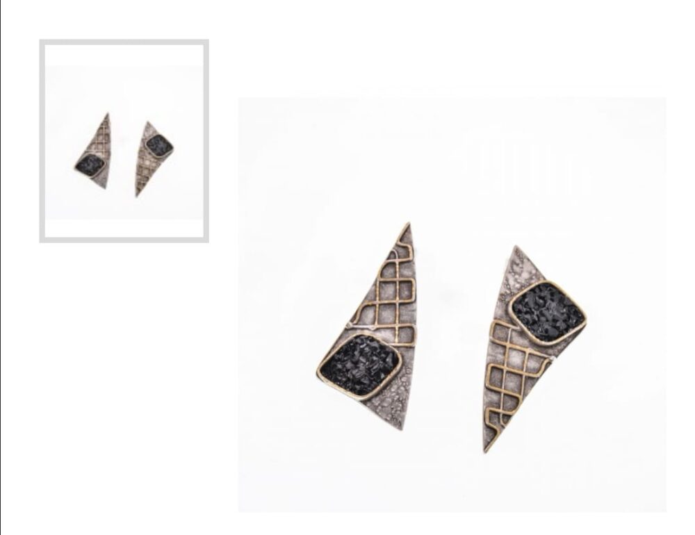 Handmade stud triangular earrings with gold details and black stone onyx