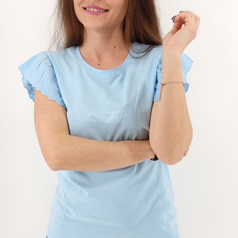 Μπλούζα βαμβακερή με κεντητό κοντό μανίκι γαλάζια