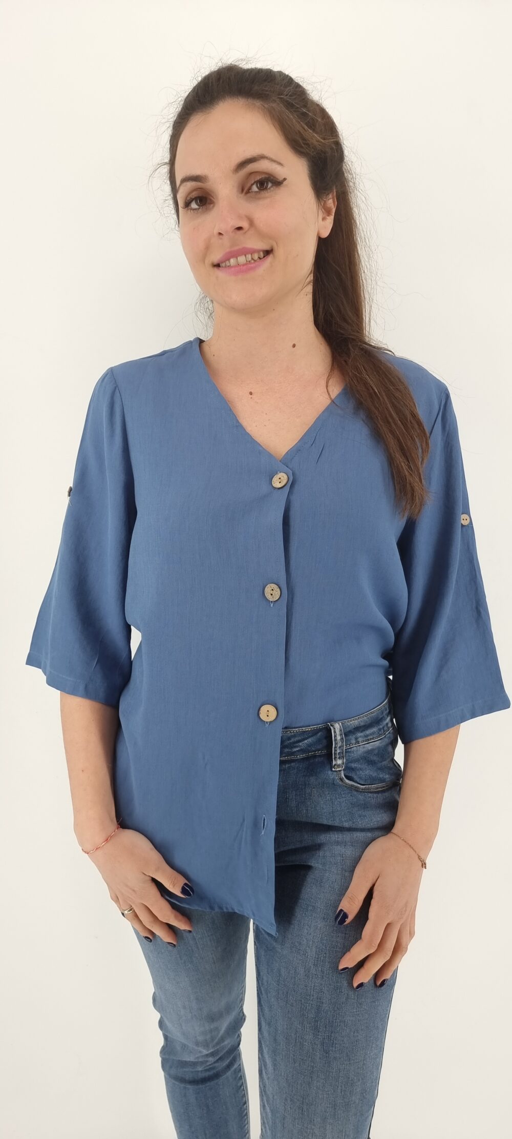 Shirt with short sleeves and beige buttons large sizes blue