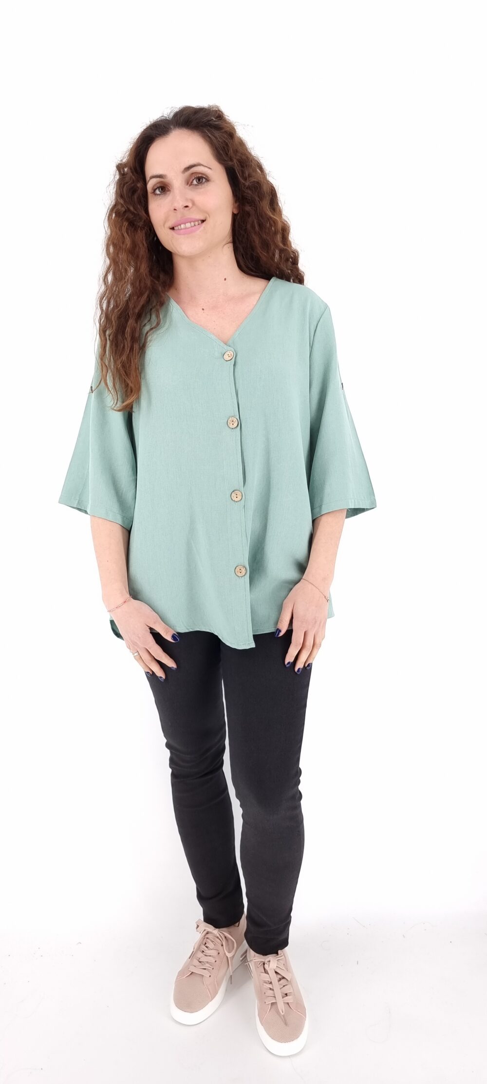 Shirt with short sleeves and beige buttons large sizes bright green