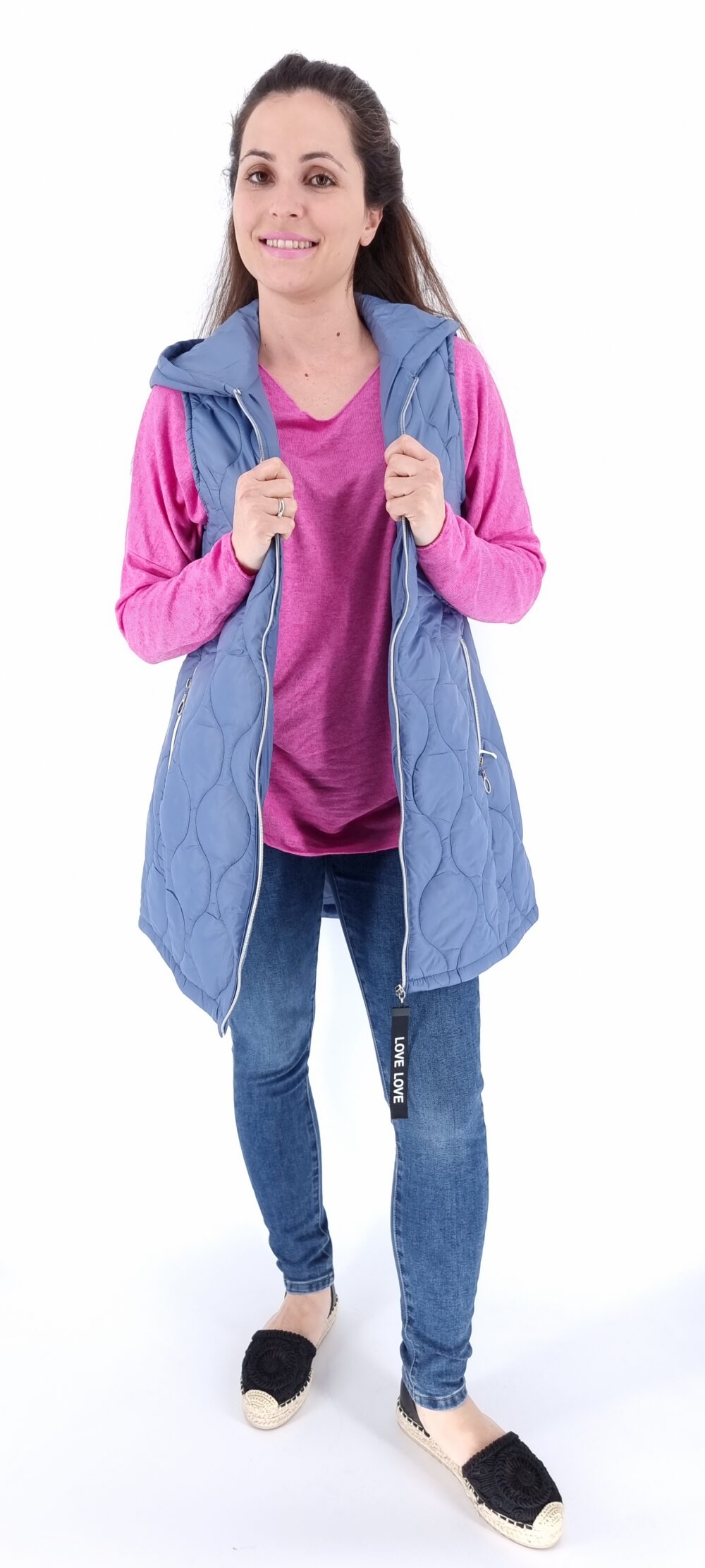 Sleeveless long jacket with hood blue