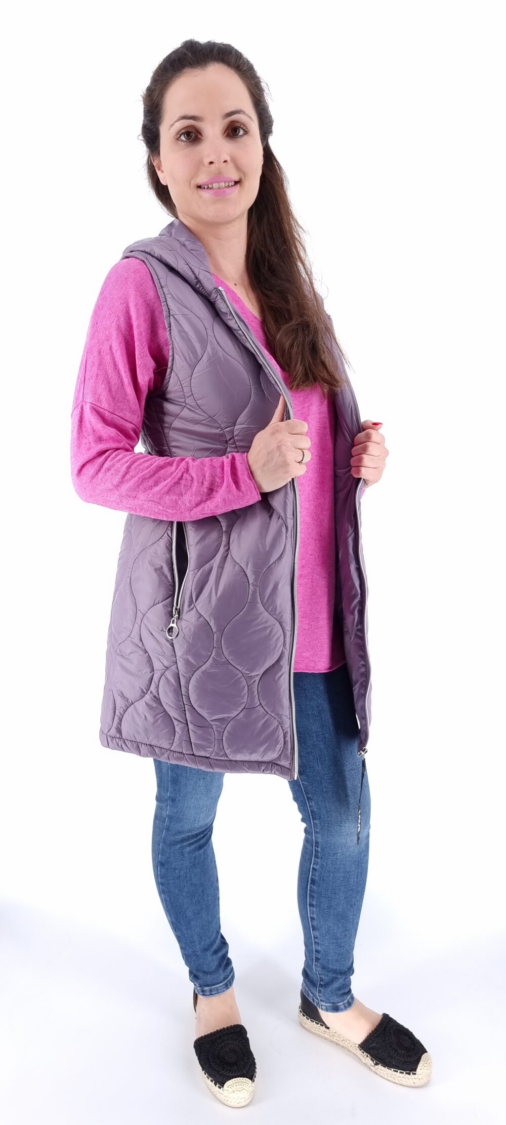 Sleeveless long jacket with hood purple