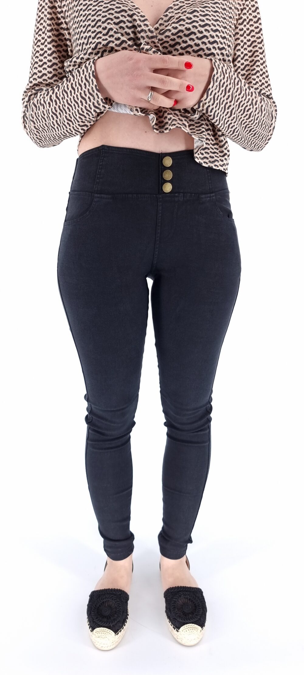 High-waisted leggings with decorative buttons black