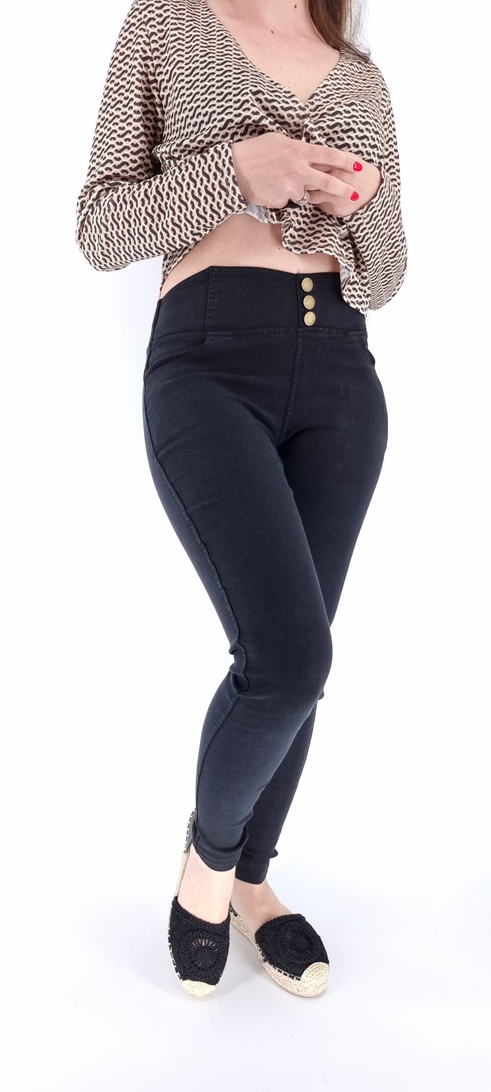 High-waisted leggings with decorative buttons black