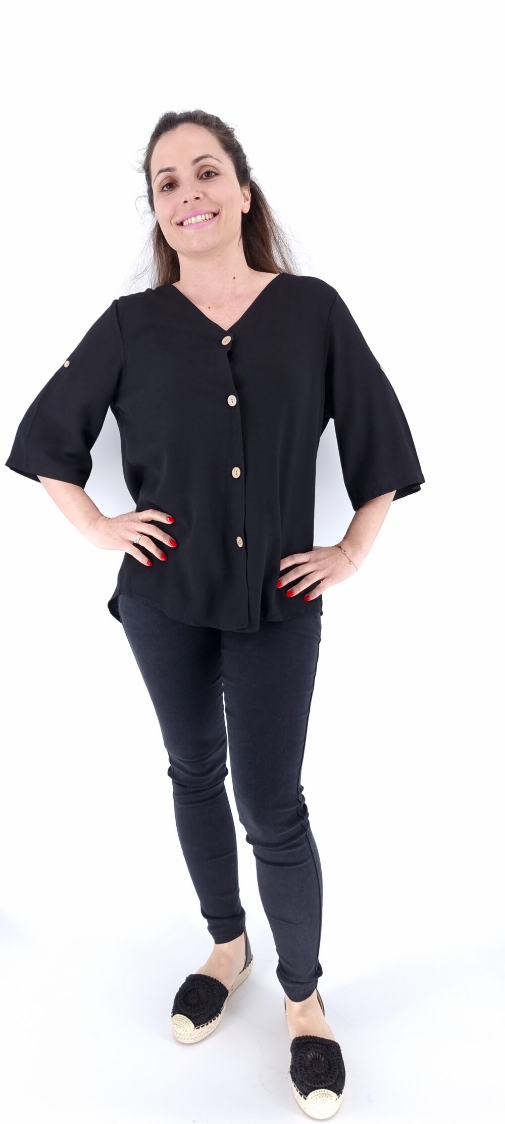 Shirt with short sleeves and beige buttons large sizes black