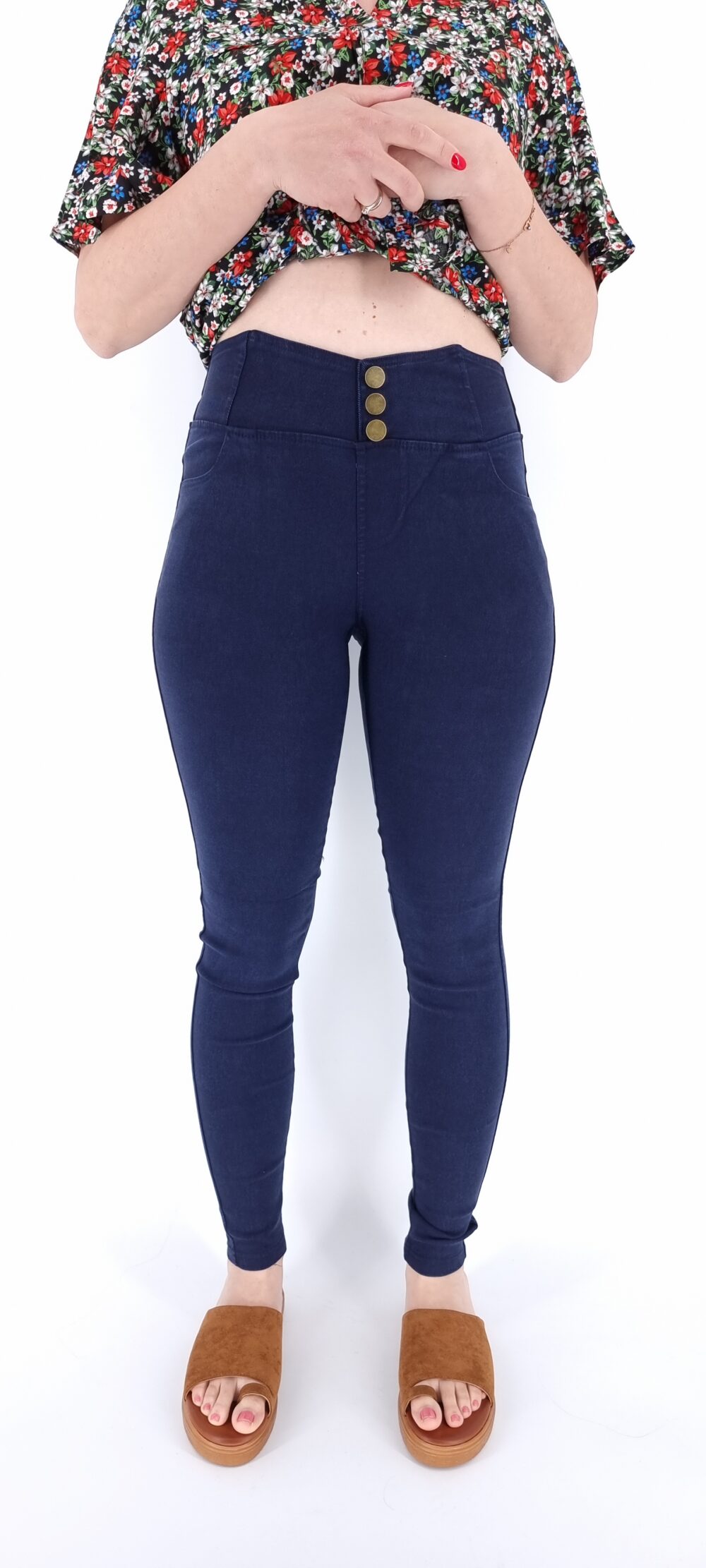 High-waisted leggings with decorative buttons blue