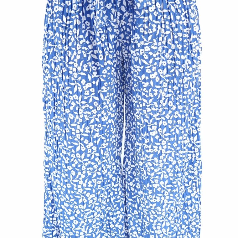 Παντελόνα πλισέ φλοράλ με λάστιχο στη μέση και ζώνη άσπρο μπλε