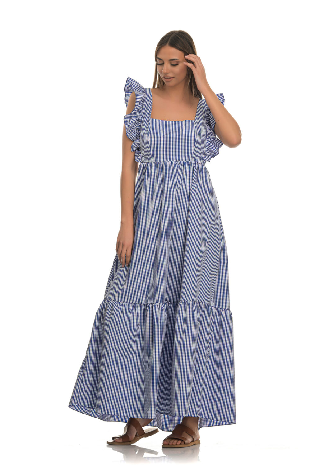 Καρό μακρύ φόρεμα μπλε