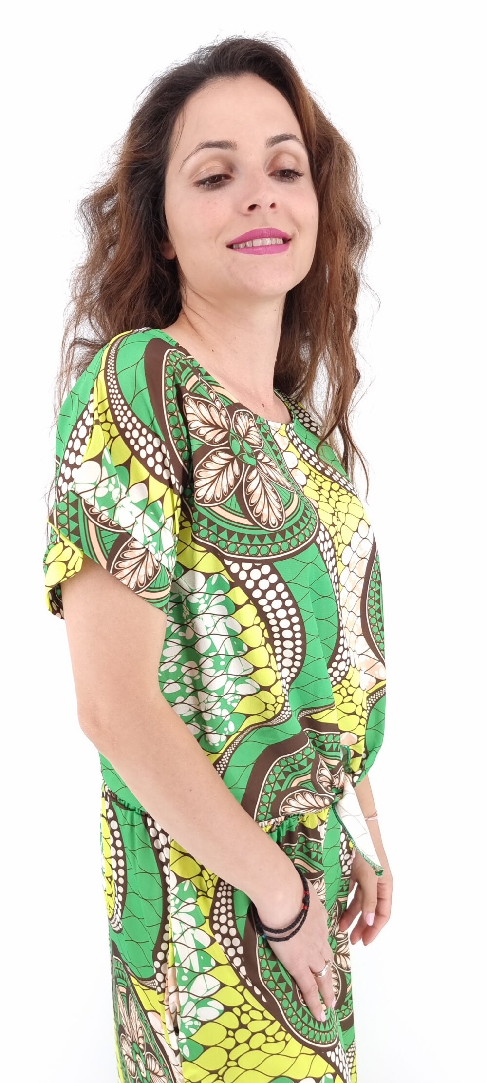 Colorful printed blouse with front tie green