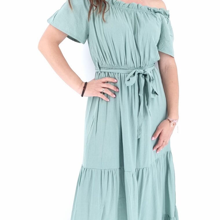 Long dress with elastic waist and bodice bright green