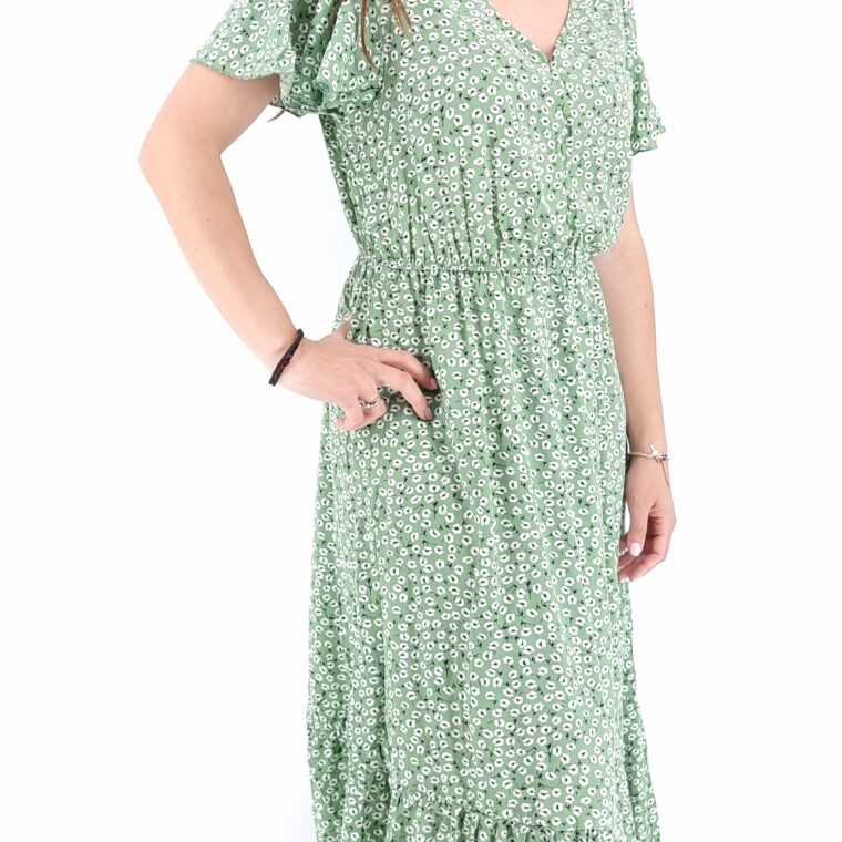 Φόρεμα μακρύ φλοράλ κοντομάνικο με λάστιχο στη μέση πράσινο