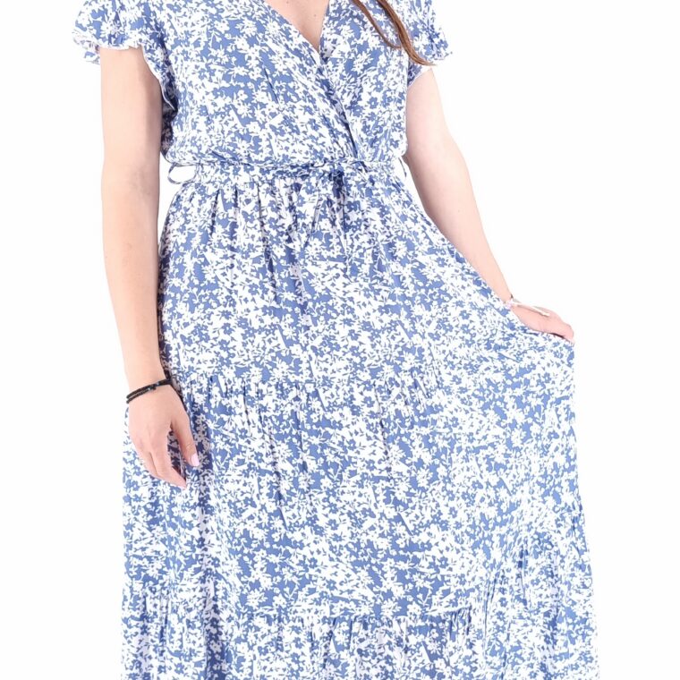 Φόρεμα κρουαζέ εμπριμέ μακρύ με ίδια ζώνη μπλε