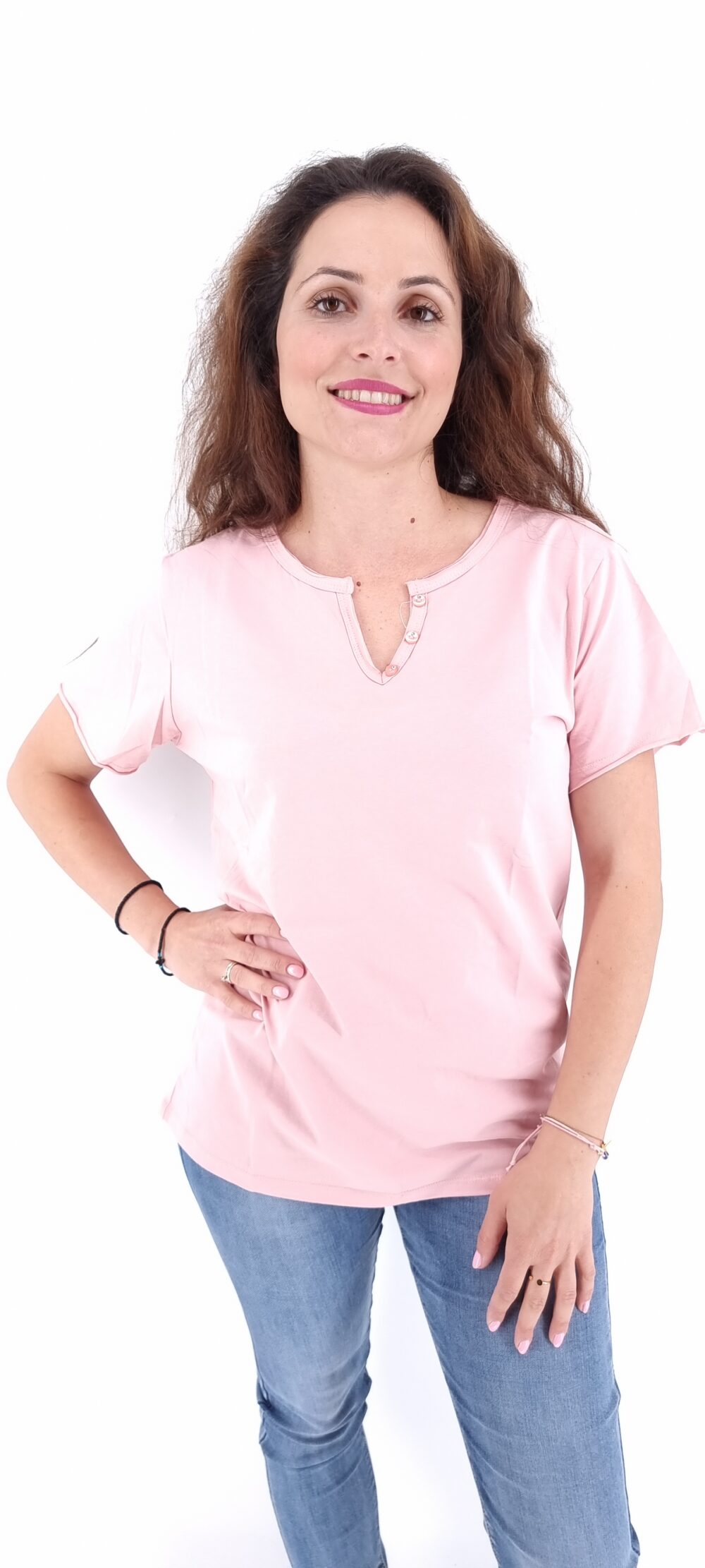 Μονόχρωμο βαμβακερό T-Shirt με V λαιμόκοψη ροζ