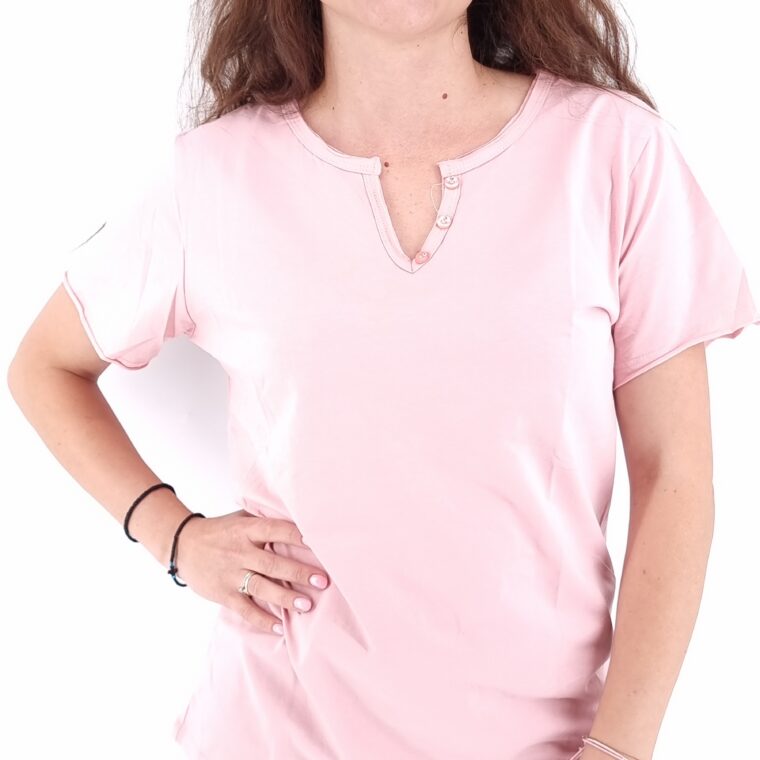 Μονόχρωμο βαμβακερό T-Shirt με V λαιμόκοψη ροζ
