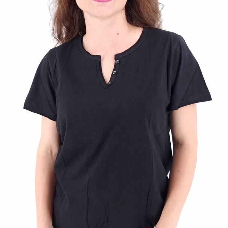 Μονόχρωμο βαμβακερό T-Shirt με V λαιμόκοψη μαύρο