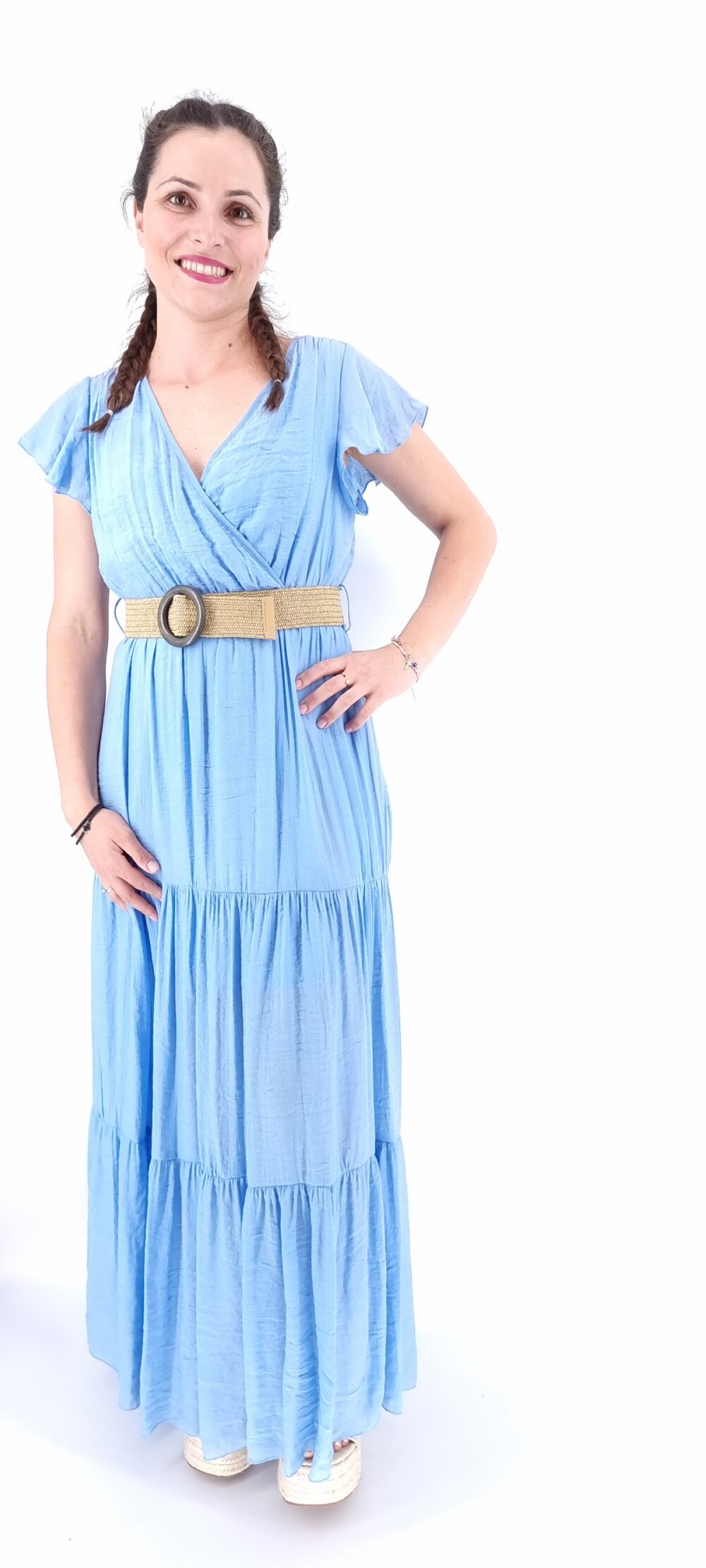Φόρεμα μακρύ κρουαζέ με λάστιχο στη μέση και ελαστική ζώνη γαλάζιο