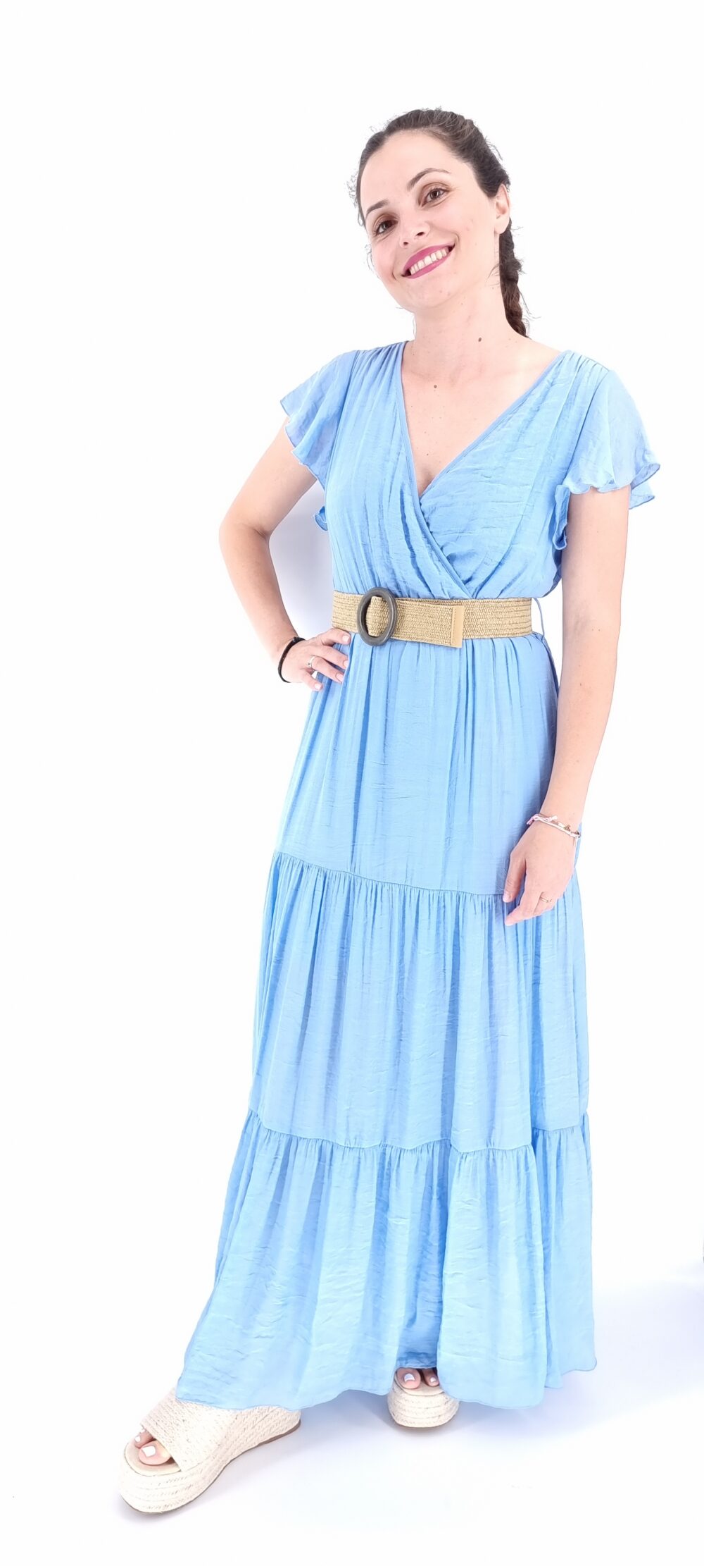 Φόρεμα μακρύ κρουαζέ με λάστιχο στη μέση και ελαστική ζώνη γαλάζιο