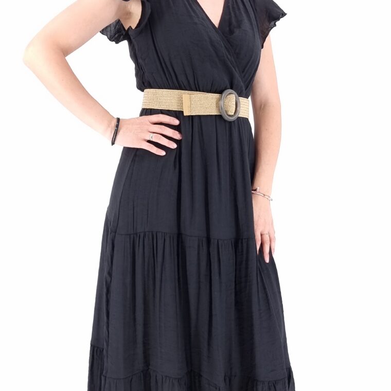Φόρεμα μακρύ κρουαζέ με λάστιχο στη μέση και ελαστική ζώνη μαύρο